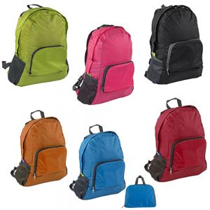 Mochila de 2 compartimentos con cierre y bolsillos laterales de red. Esta mochila se dobla y se convierte en una práctica bolsa para llevar.